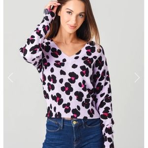 Nwt 525 Born In Bklyn Pink Fusia Black Flower Print V-Neck Sweater